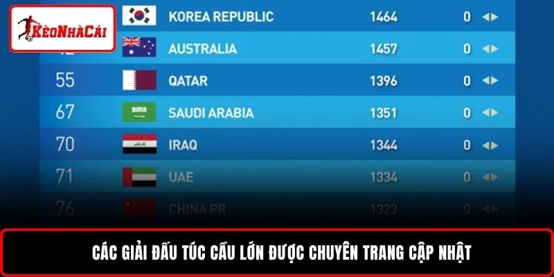 Các giải đấu túc cầu lớn được chuyên trang cập nhật